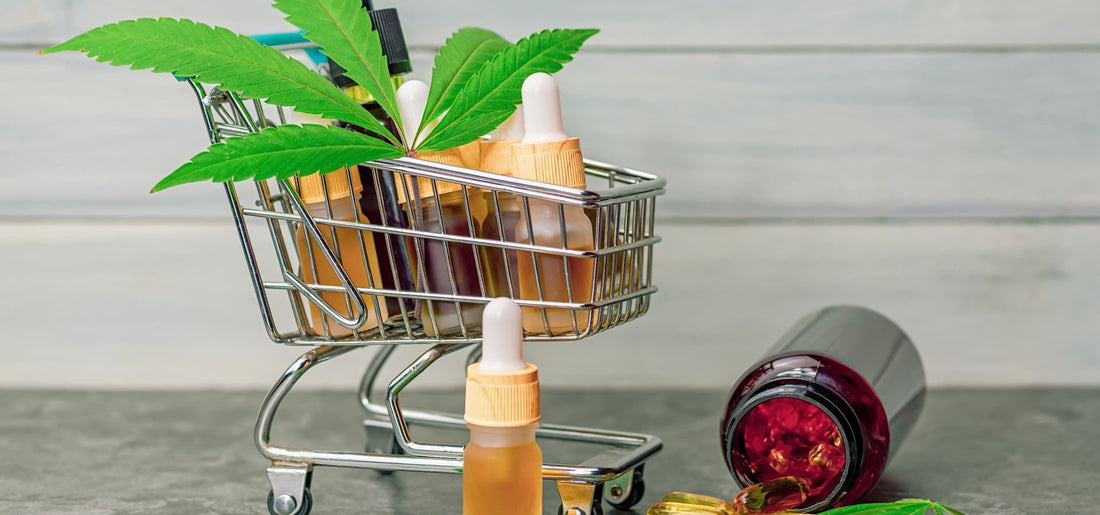 small shopping cart filled with cbd products